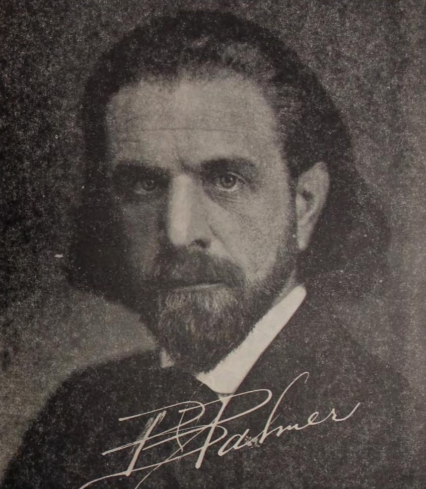 Formal portrait of B.J. Palmer in a dark suit, with a beard and his signature across the lower part of the photograph.